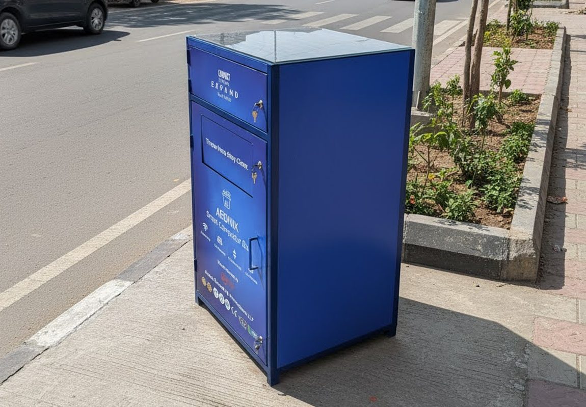 Aeonix solar smart compactor bin installed on a city street