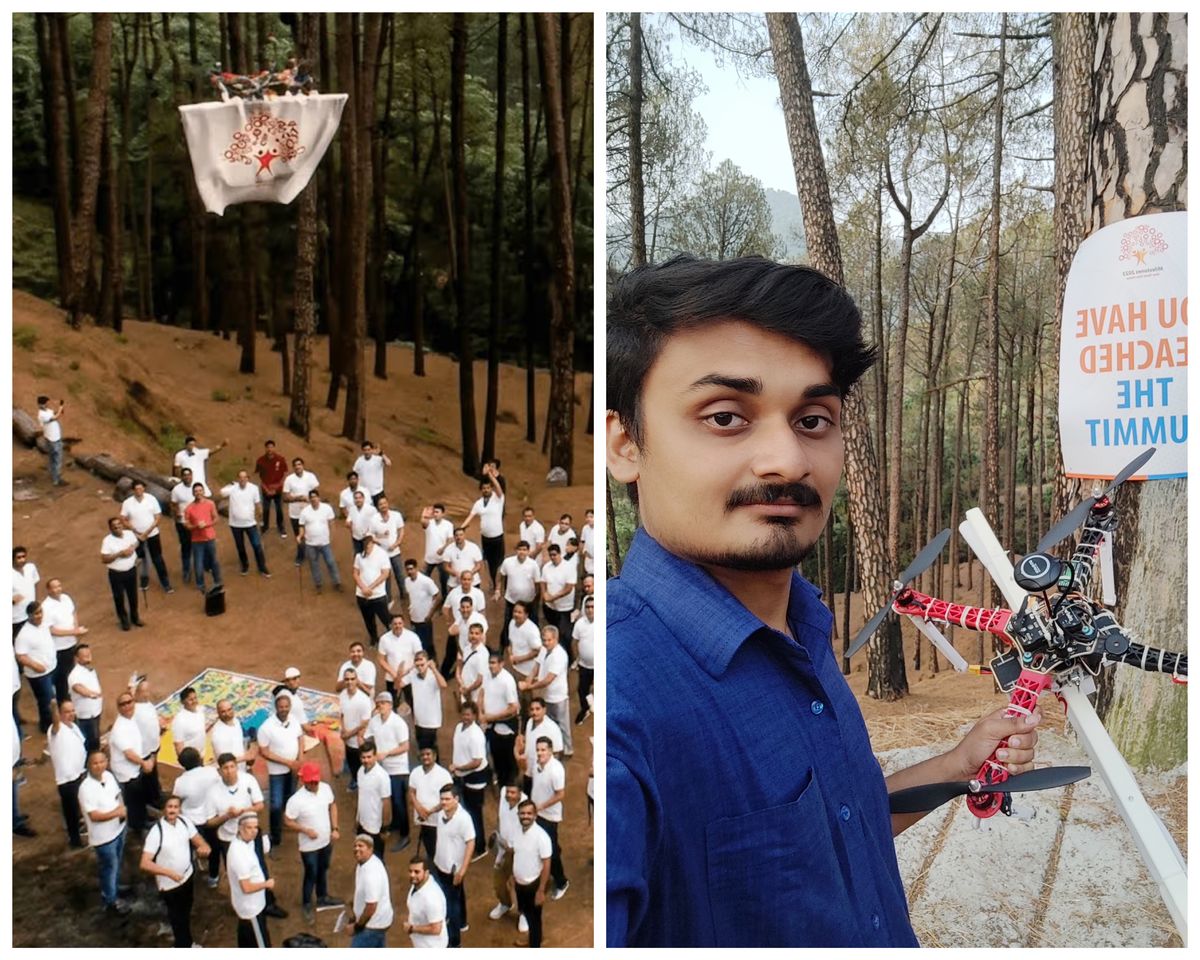 AI autonomous drone flying a banner over a summit gathering, and me with the drone
