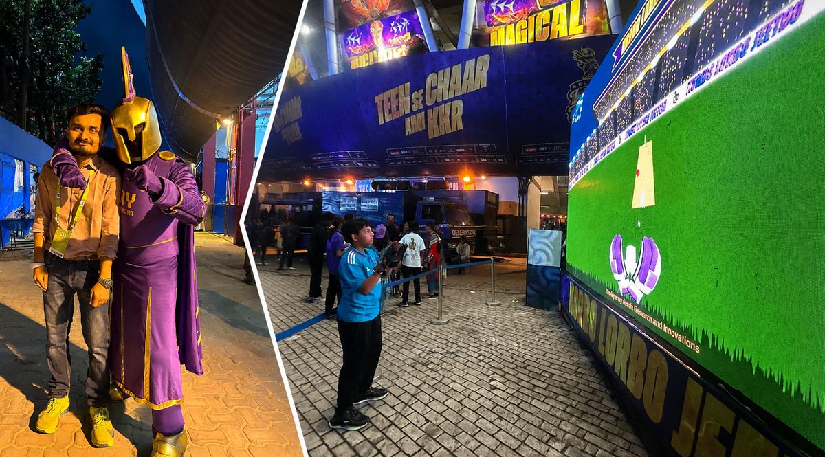 Gesture-recognition cricket gaming wall at a KKR match, with the KKR mascot