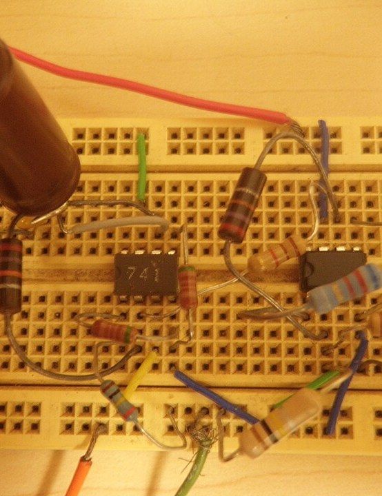 A breadboard circuit wired up with components